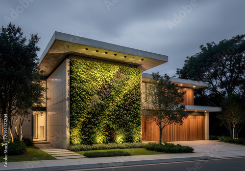 Modern house with green living wall and trees at dusk on street