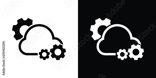 Fotografie Cloud engineering icon featuring an outline of a cloud surrounded by mechanical gears, representing data processing, system automation, and setup