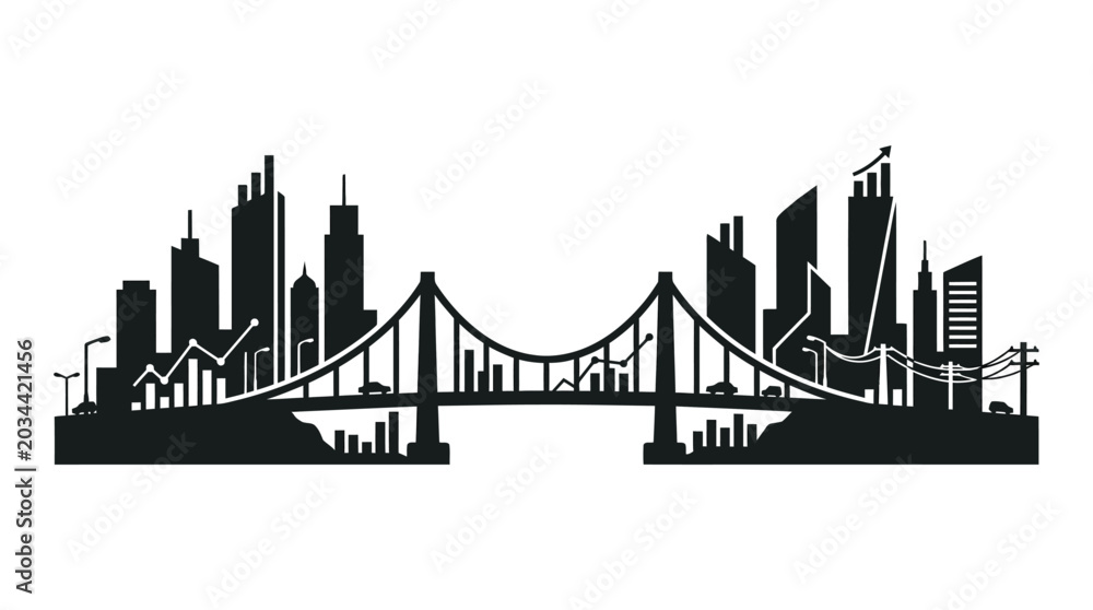 Fototapeta premium Cityscape Silhouette With Bridge And Skyscrapers Against White Background
