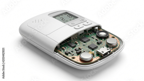 Electronic device showing internal circuitry and components on white background
