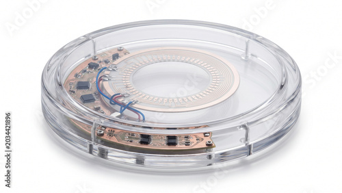Electronic device with circuit board inside clear container on white background