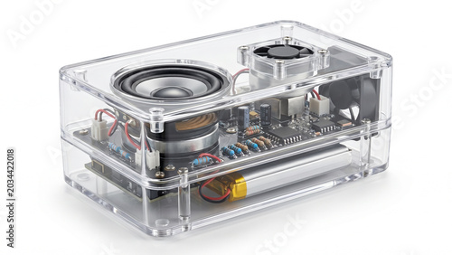 Transparent electronic device displaying internal components and speakers