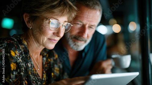 Happy senior couple using tablet together at home, online banking, digital lifestyle and retirement technology concept