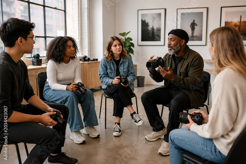 Diverse group of photography students in workshop with instructor