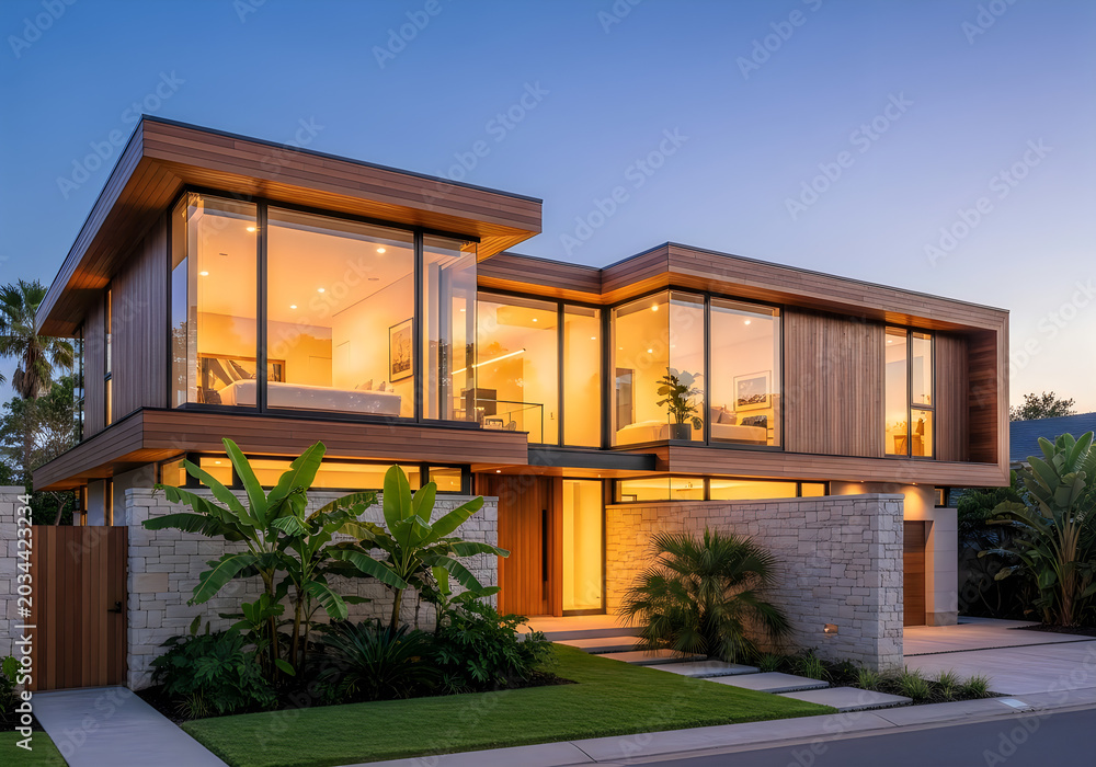 Fototapeta premium Modern twostory house with large windows and warm lighting at dusk outside