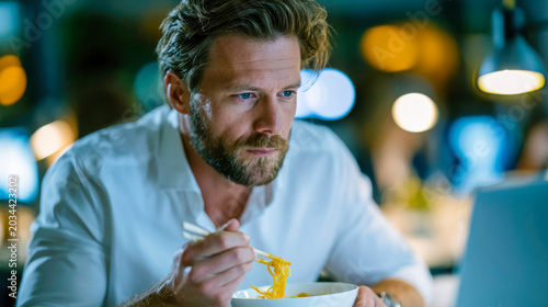 Focused businessman eating noodles while working late on laptop, showing deadline pressure, overtime, and modern office lifestyle