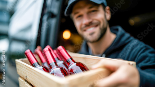 Smiling man delivering a wooden crate of red wine bottles from a van  close-up of beverage logistics and hospitality supply