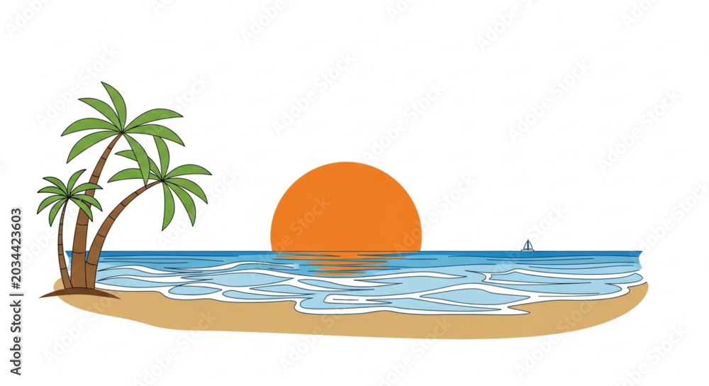 Obraz premium Tropical Beach Sunset with Palm Trees and Ocean Waves.