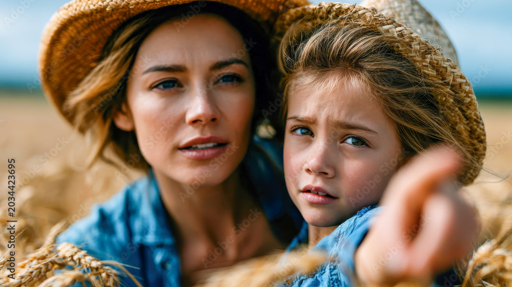 Obraz premium Woman and child in straw hats standing in a golden wheat field and pointing ahead, representing family, agriculture, harvest, and rural summer life