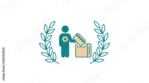 Isolated figure with gear on chest depositing card into box, surrounded by laurel wreath elements, representing data management or digital security