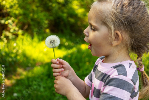 Fotografía Little girl blowing dandelion in the park, happy childhood summer concept