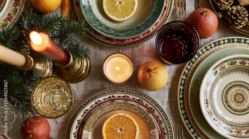 Layers of vintage Christmas tableware showcase an inviting holiday scene