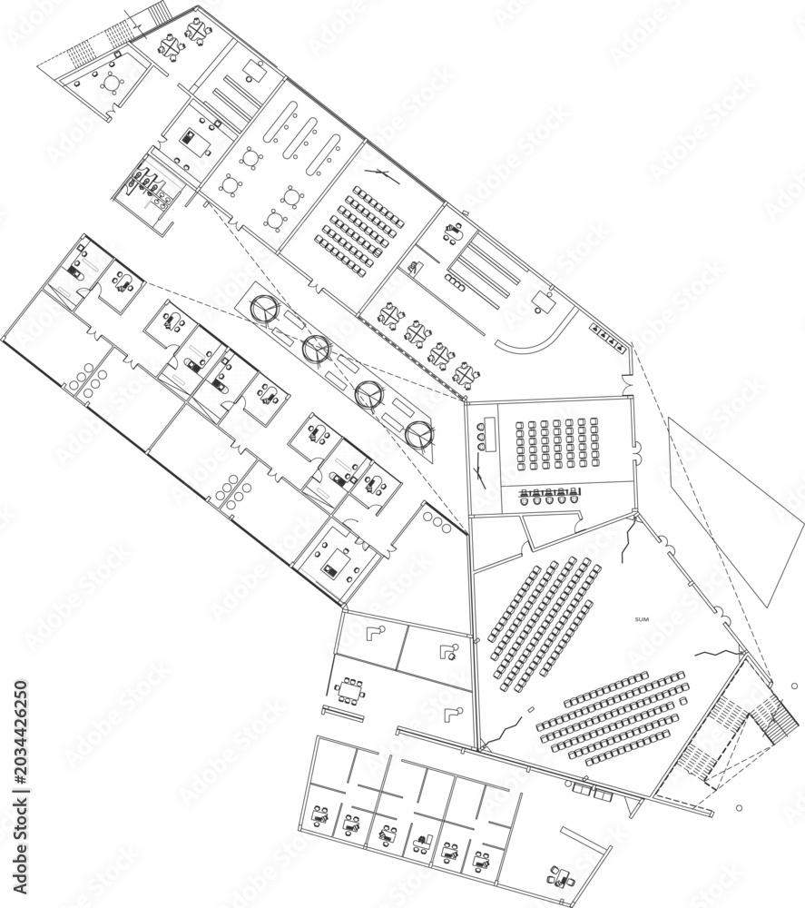 Fototapeta premium Technical floor plan drawing of a modern office or educational facility layout, featuring partitioned workspaces, classrooms, and seating arrangements