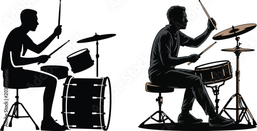 Photos Silhouette of a drummer playing a drum kit side profile hi hat snare drum bass d