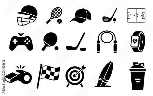Photos Sports Icons Set, Black Vector Graphics, Fitness Symbols, 16 Emblems