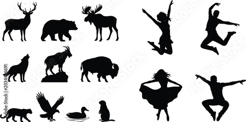 Photography A diverse collection of black vector silhouettes featuring wild forest animals and energetic people jumping and dancing