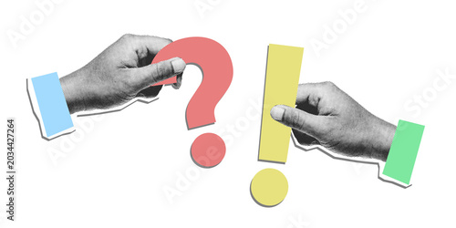 Creative collage art of halftone hands holding question mark and exclamation point on transparent background. Perfect for FAQ, Q&A, and solution concept.