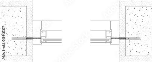 Technical section detail showing window frame installation and anchorage into a concrete wall for construction and architectural planning