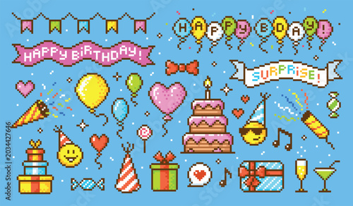 Birthday party pixel art. Anniversary congratulation elements, banners with flags, ribbons, balloons. Festive 8-bit icons for arcade game, retro stickers, tidy vector set