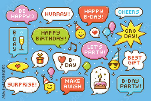 Pixel birthday bubbles. Retro style messages for congratulations with texts and icons. 8-bit conversation speech bubble, lets party, best gift, tidy vector set