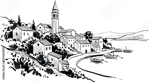 Tableau sur toile Handdrawn sketch of a coastal mediterranean village with a church tower, houses,
