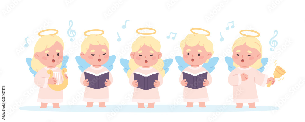 Obraz premium Children angel choir. Little kids wear angels costumes, holy festival or holiday characters. Adorable singers with books, harp and trumpet, racy vector scene