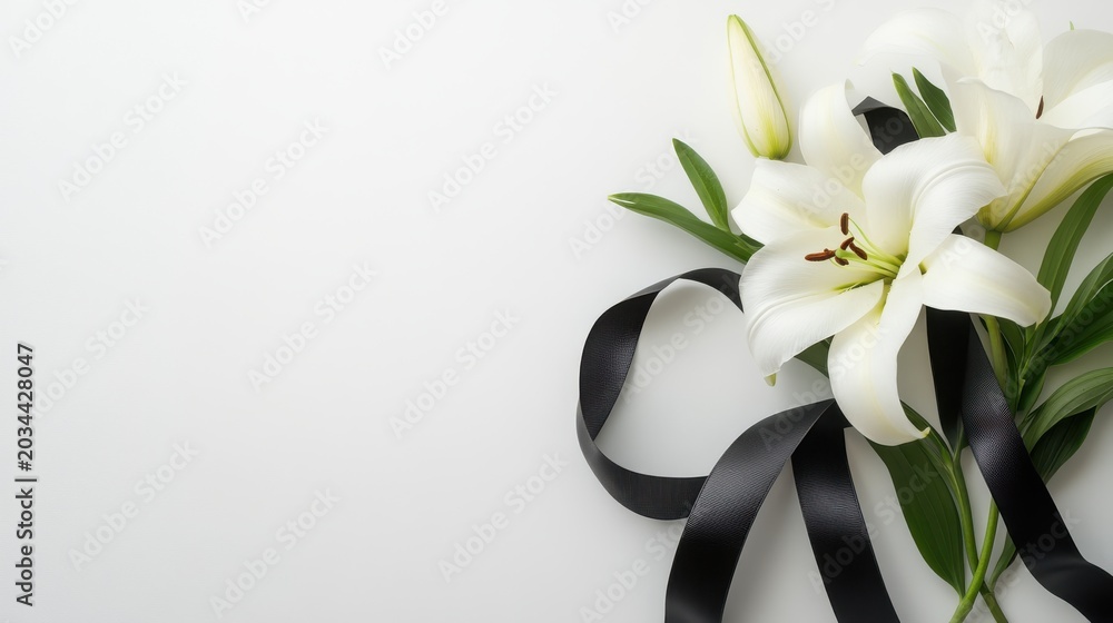 Fototapeta premium White lilies with black ribbon isolated on white background