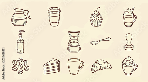 Photos Set of hand drawn coffee shop elements including coffee cups, pastries, and brew