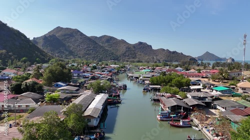 Aerial Drone View Of Coastal Fishing Village Thailand
Aerial drone footage of coastal fishing village near Thung Sam Roi Yot with mountains and boats in Thailand on 19 May 2026.

