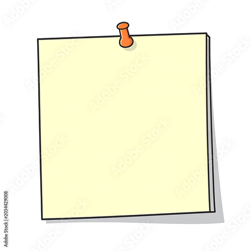 Isolated light yellow paper note pinned with a small orange pushpin on a white background, reminder concept, simple drawing style