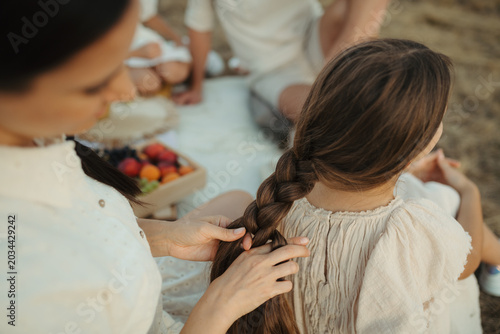 Принти на полотні Mother braiding daughter's hair during family picnic outdoors.