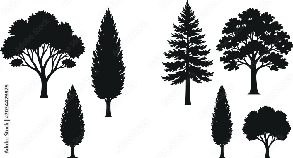 Fototapeta premium Tree silhouette collection with six diverse botanical designs including coniferous, deciduous, columnar, and rounded forest variations
