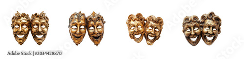 Four pairs of comedy and tragedy theater masks isolated on transparent background