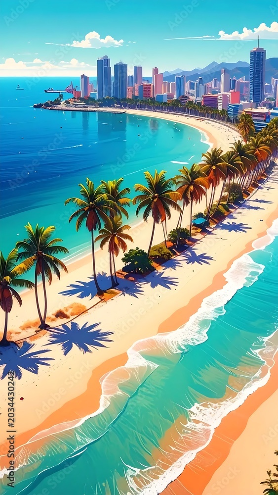 Obraz premium Vibrant Tropical Beach with Palm Trees Curving Along Turquoise Coastline Near Modern City Skyline