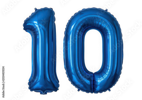 Bright blue shiny number 10 balloon on white background