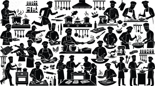 Tableau sur toile Professional restaurant kitchen chefs silhouettes mega set with characters cooki