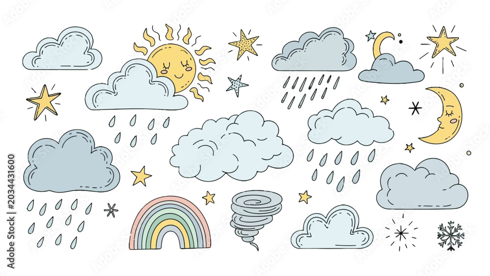 Fototapeta premium A charming collection of hand-drawn weather icons, featuring a smiling sun, various clouds, rain, a rainbow, a tornado, and crescent moons with stars.