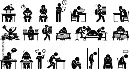 Photos Stressed students stick figures set with school children suffering from exam pre