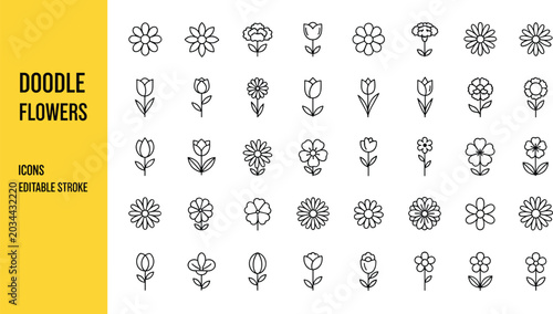 Minimalist hand drawn doodle flowers line icon set featuring editable stroke botanical elements blossoms and simple floral designs