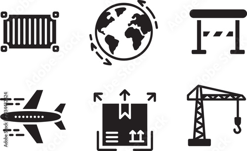 Logistics and shipping icons including airplane, globe, cargo container, crane, and package and industry and transportation in outline style