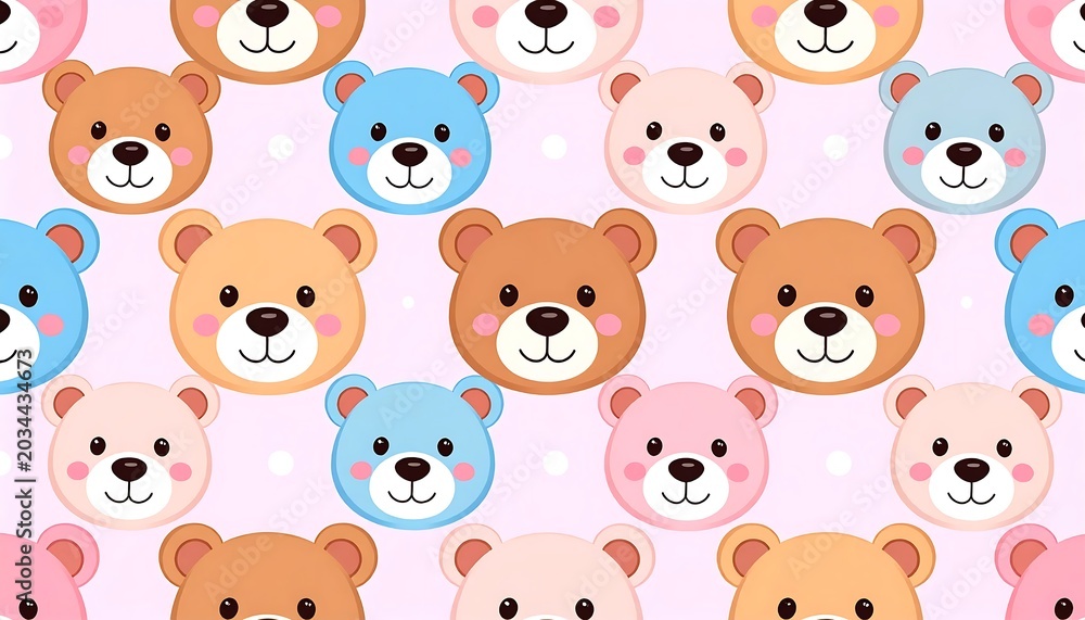 Fototapeta premium Cute Cartoon Teddy Bear Faces Repeating on Pastel Pink Pattern Background
