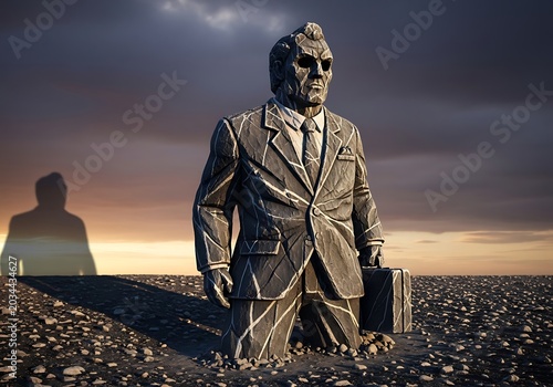 Surreal Image of a Man in a Suit with a Mask Holding a Briefcase in a Dark Landscape.
