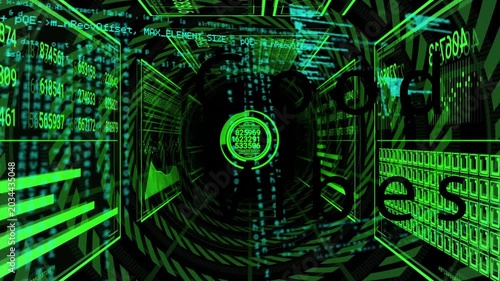 Camera starting forward motion, HUD pulsing, updating as wireframe tube filling code, showing flow