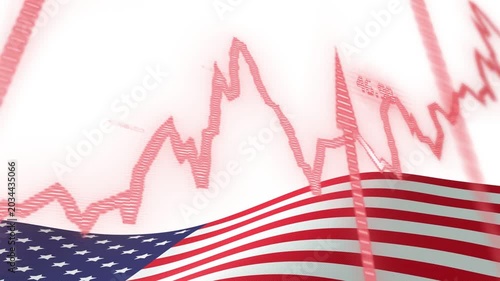 Data ping starting American flag waving, red graph moving, numbers flashing to show market