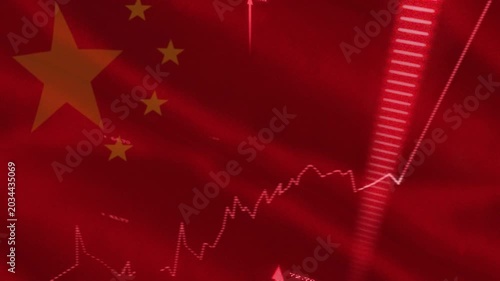 China flag market graphic showing dotted line and rising arrows as numbers spiking, showing rise