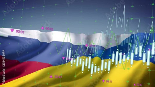 Two flags filling frame and waving, candlestick charts animating and rising to show market trend