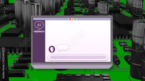 Violet bar appearing, chat window growing over PCB, user typing JavaScript, AI replying to explain