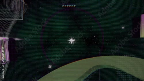 Green curved band reacting to magenta pulse, sending three beams converging to red reticle to flash