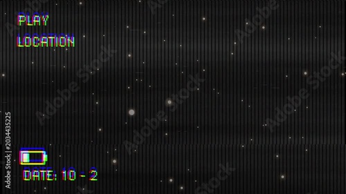 PLAY overlay initiating playback, particles drifting under VHS scanlines for retro playback effect