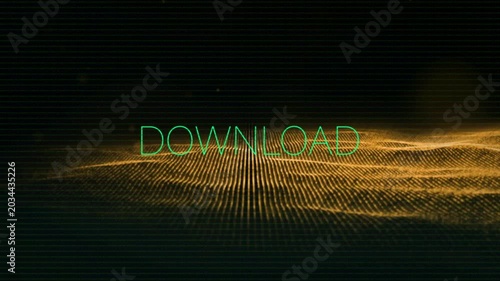 Neon-green DOWNLOAD popping green glitch sweeping gold grid forming rippling showing download ready